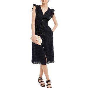 J. Crew Ruffle Sleeveless Eyelet Button-Front Midi Dress Cotton Black Womens 6